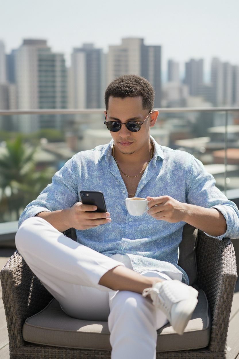 Breno Luis, profissional de branding e web design, sentado num terraço com a cidade ao fundo, segurando um café e o celular