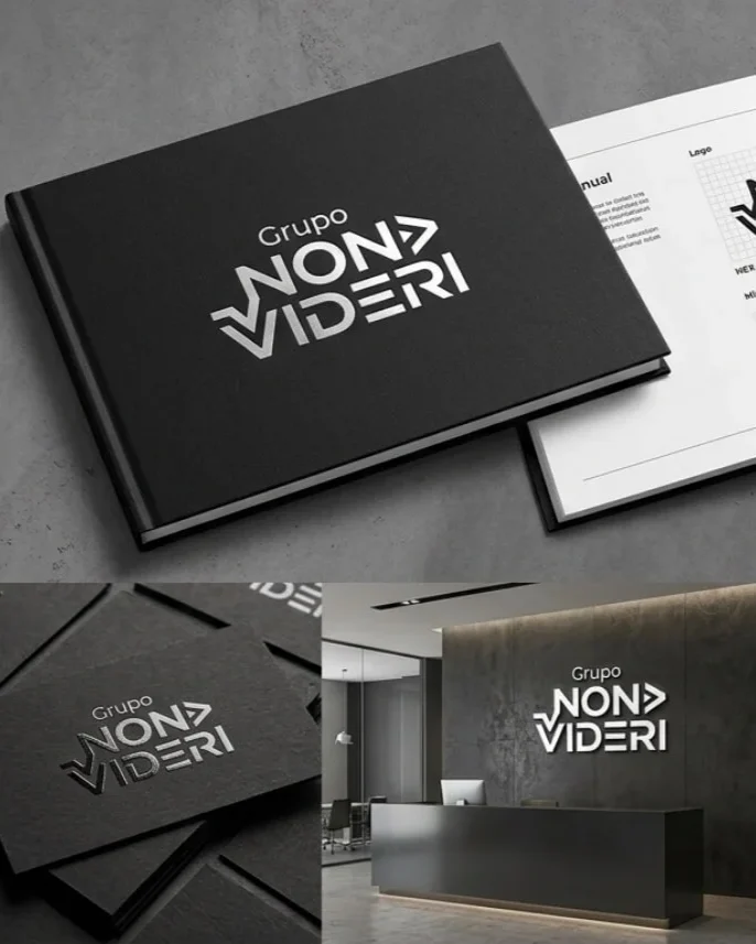 Identidade visual Grupo Non Videri Identidade visual do Grupo Non Videri em preto e prata aplicada em livro, manual de marca e cartões de visita