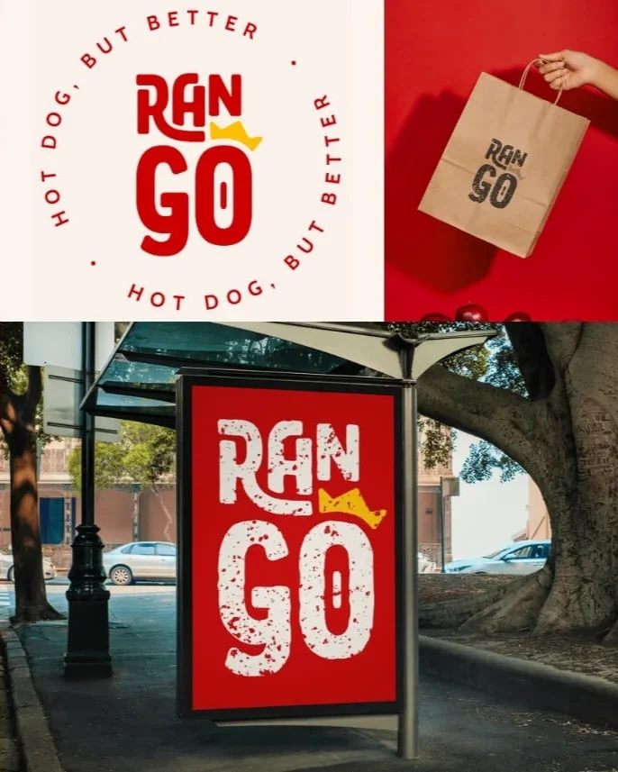 Identidade visual Rango Identidade visual da Rango com selo circular e cartaz em ponto de ônibus, em vermelho e creme