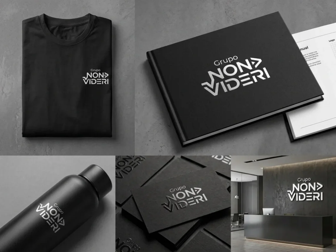 Identidade visual do Grupo Non Videri em preto e prata aplicada em camiseta, manual de marca, garrafa e cartões de visita