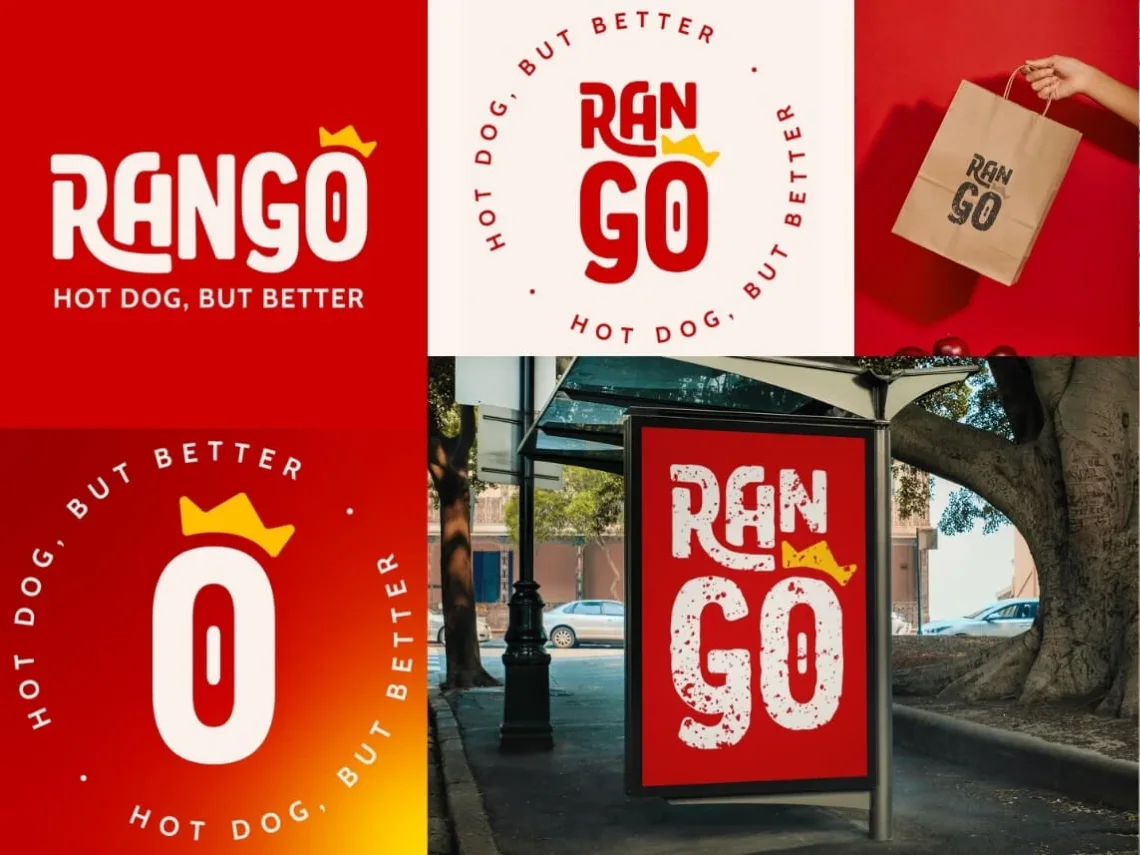 Identidade visual da Rango em vermelho e creme aplicada em logotipo, selo circular, sacola de papel e cartaz em ponto de ônibus