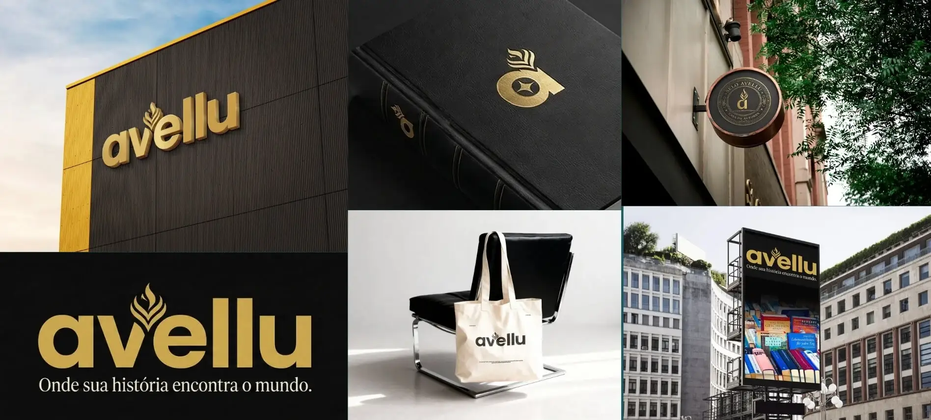 Marca Avellu em preto e dourado aplicada em fachada, livro, placa, ecobag e outdoor