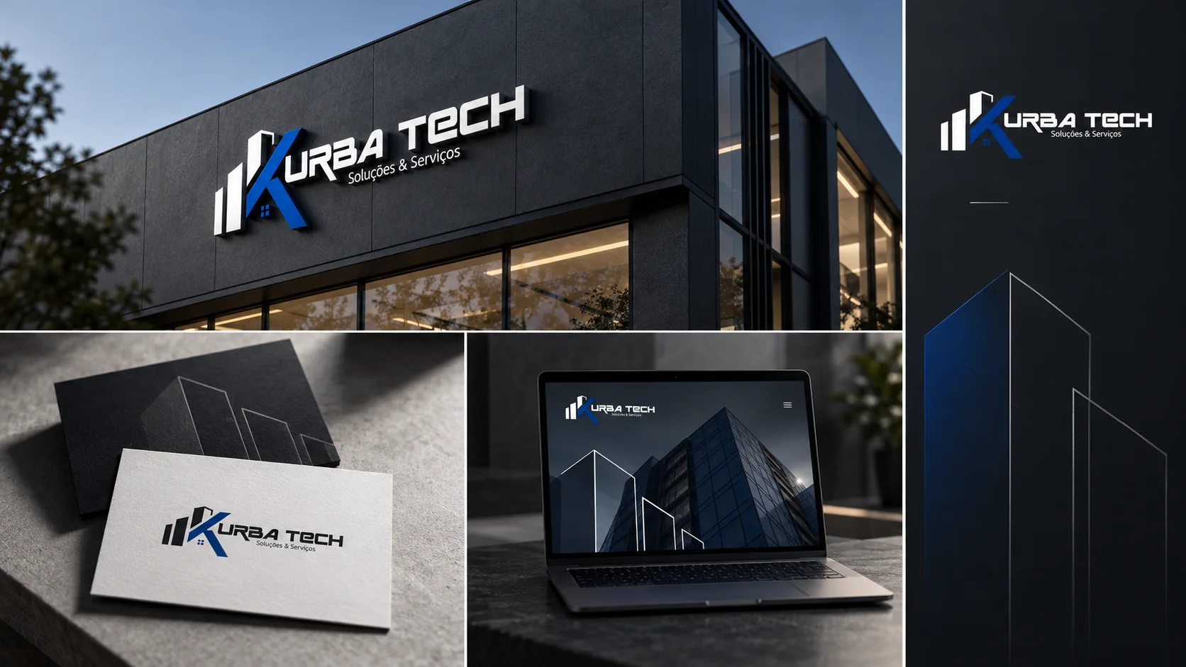Identidade visual da Kurba Tech aplicada em fachada, cartões de visita, site no notebook e painel da marca