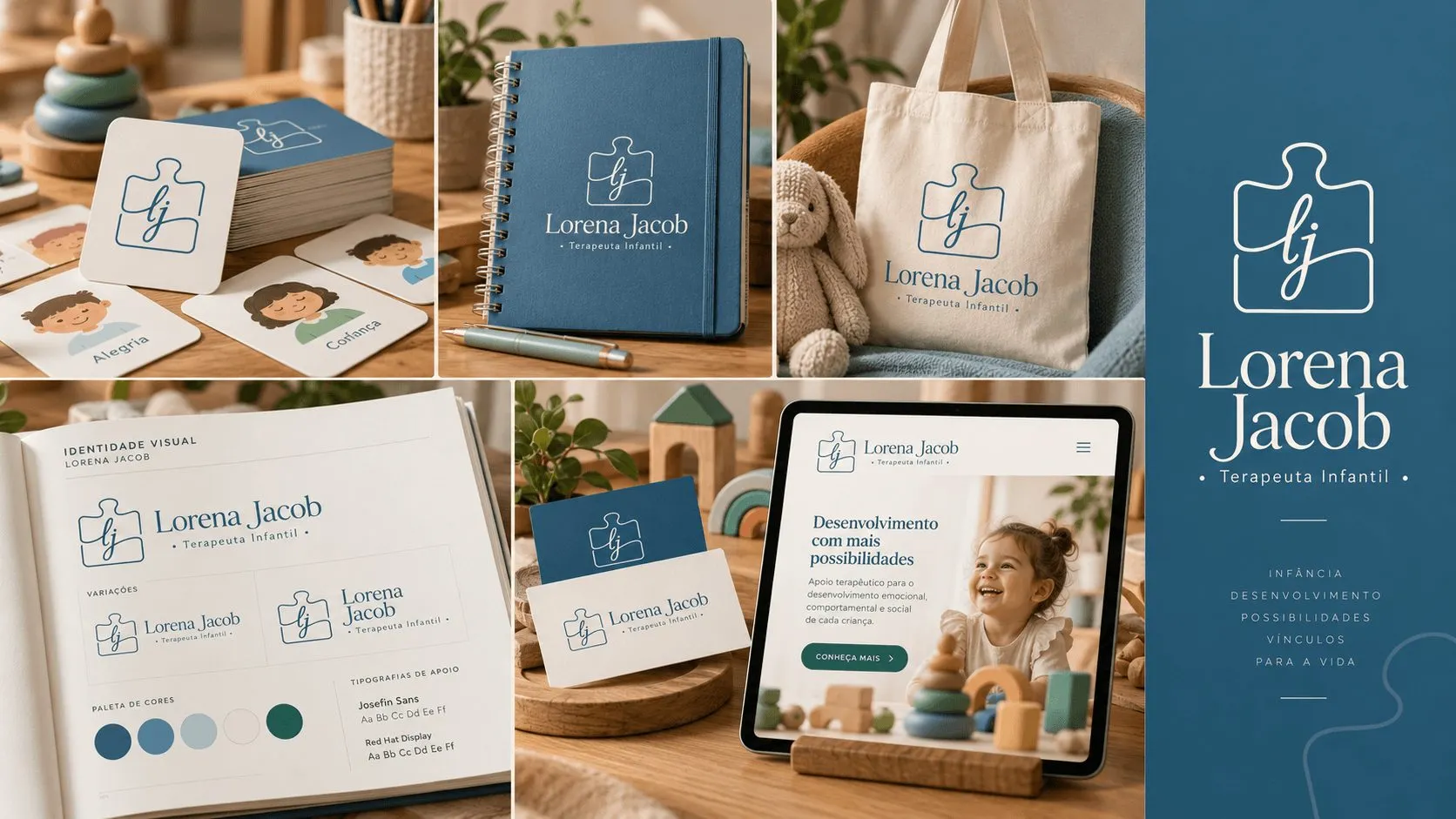 Identidade visual da terapeuta infantil Lorena Jacob aplicada em cartas de emoções, caderno, ecobag, manual de marca, cartões e site no tablet