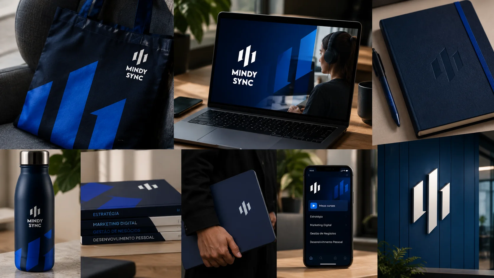 Identidade visual da Mindy Sync em azul-marinho e azul elétrico aplicada em ecobag, notebook, caderno, garrafa, livros, pasta, app no celular e placa na parede