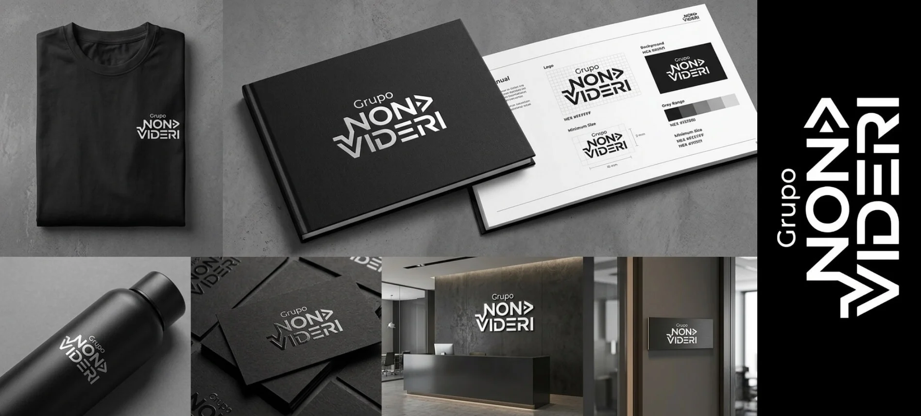 Identidade visual do Grupo Non Videri aplicada em camiseta, manual de marca, garrafa, cartões e recepção