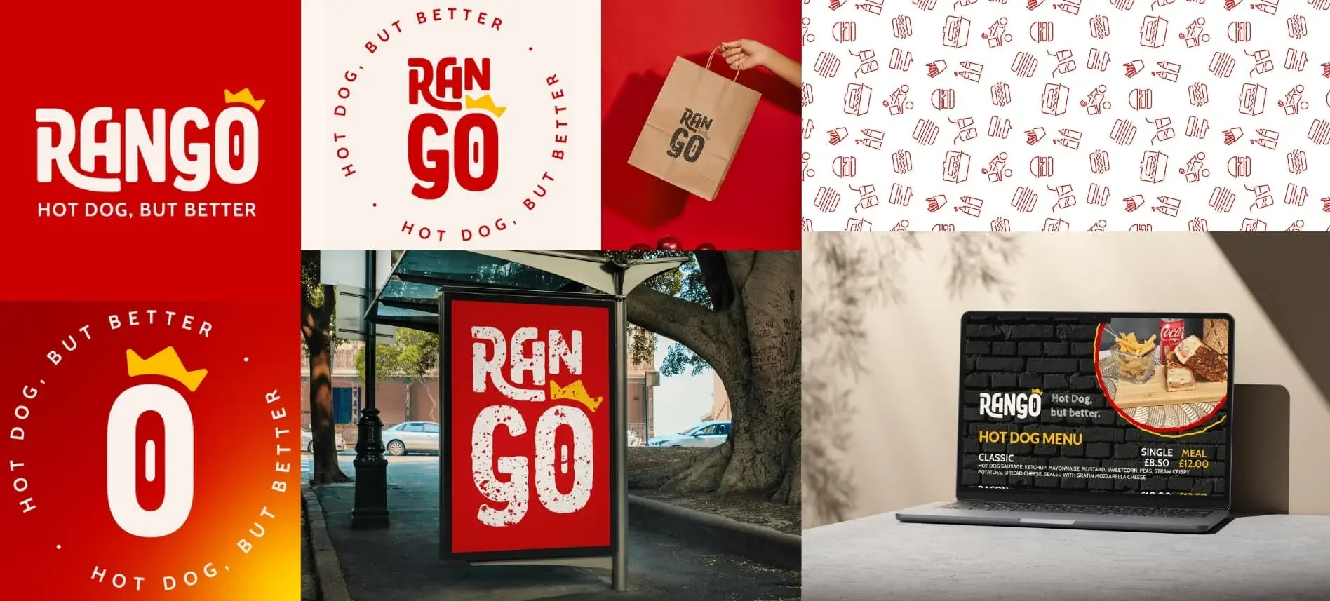 Marca Rango, Hot dog but better, em vermelho e creme aplicada em sacola, ponto de ônibus e cardápio digital