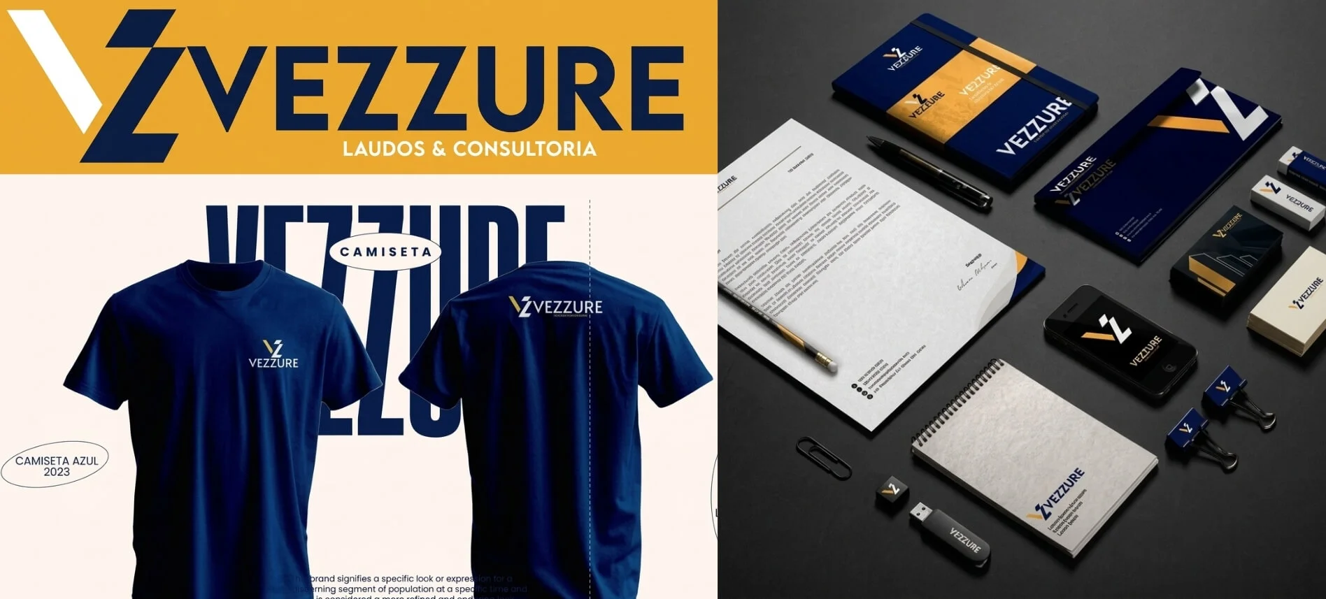 Identidade da Vezzure Laudos e Consultoria em azul e amarelo aplicada em camisetas e papelaria