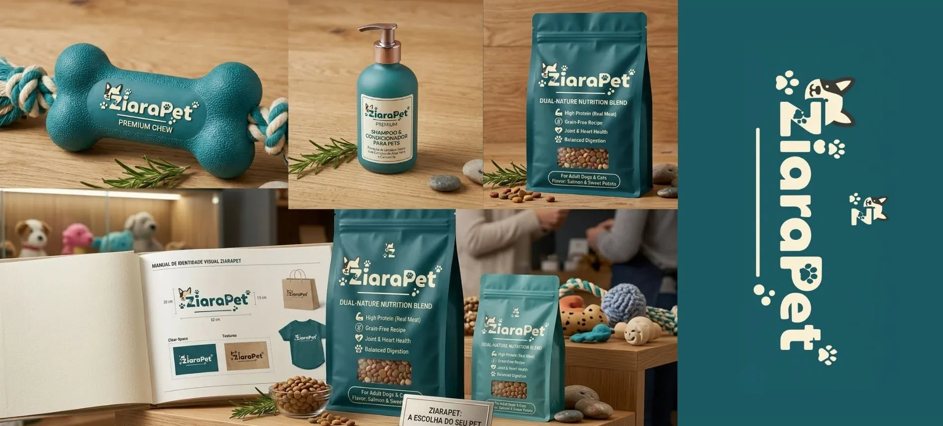 Marca ZiaraPet aplicada em brinquedo, shampoo, embalagens de ração e manual de identidade