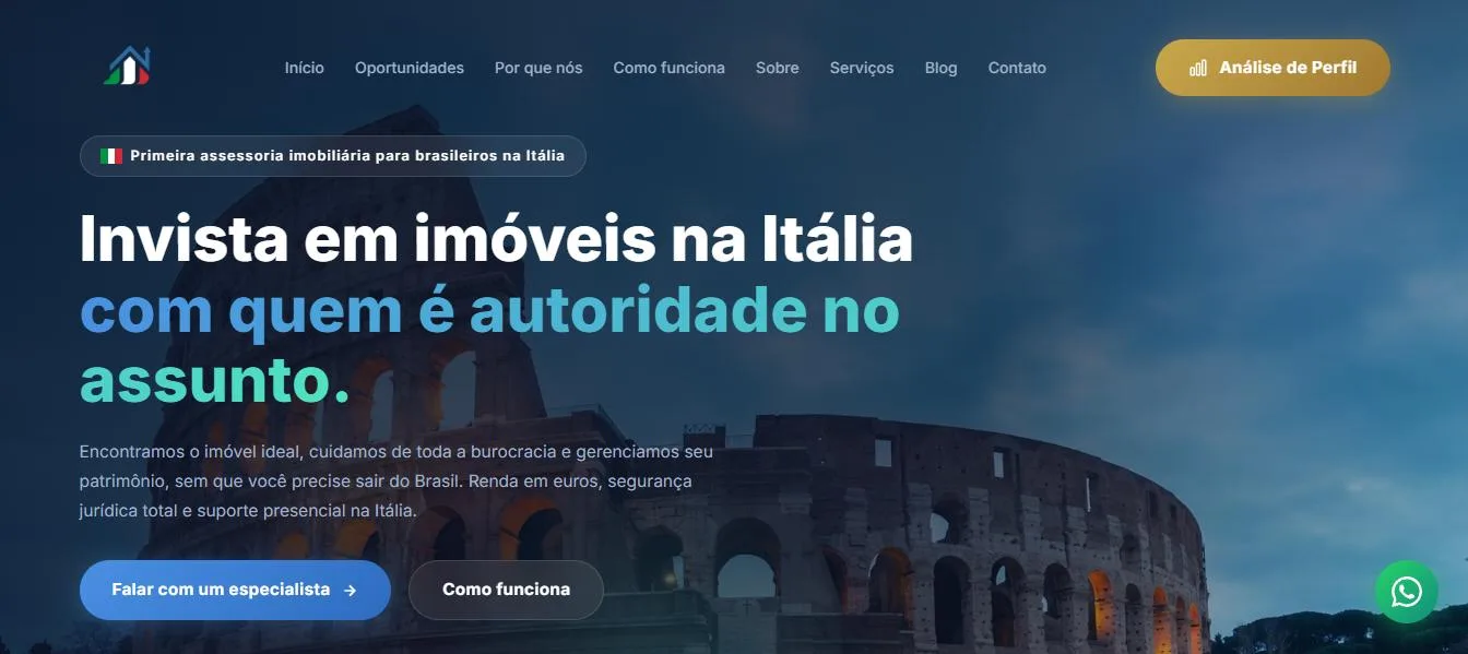 Primeira tela do site Investimento na Itália