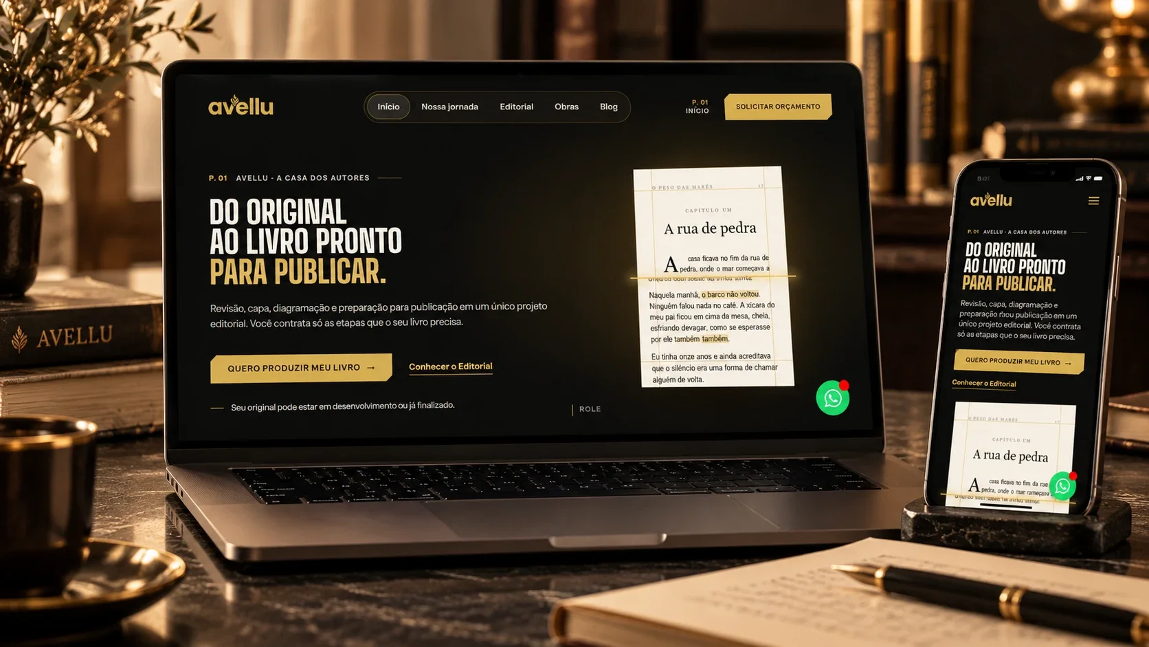 Site da editora Avellu em preto e dourado, com página de livro na primeira dobra, no notebook e no celular