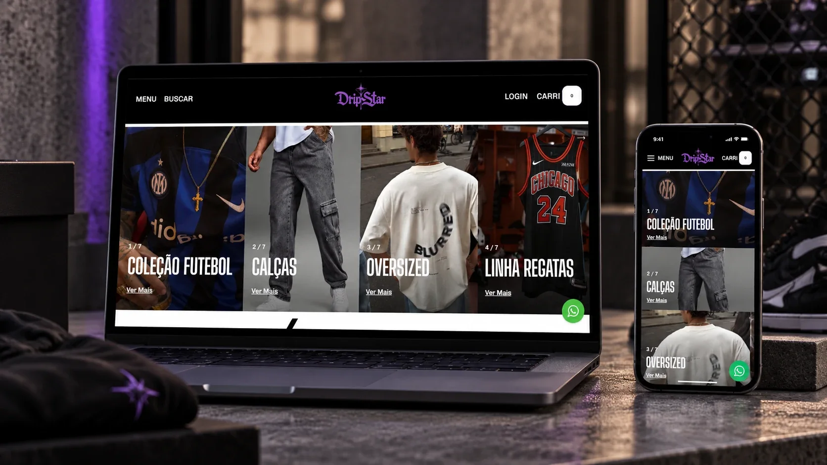 Loja virtual da DripStar, moda streetwear, com coleções de futebol, calças, oversized e regatas, no notebook e no celular