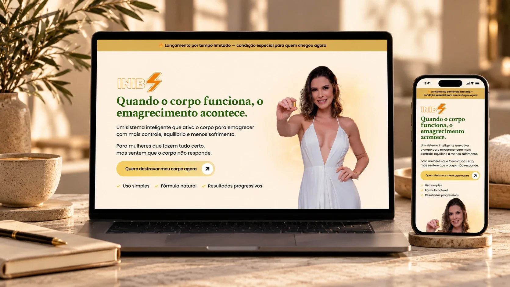 Landing page do suplemento INIB, em creme, verde e amarelo, no notebook e no celular