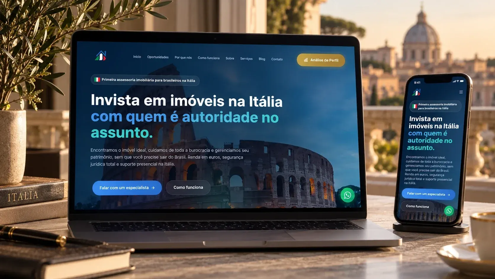 Web design de Breno Luis: site da assessoria Investimento na Itália, com o Coliseu ao fundo, no notebook e no celular