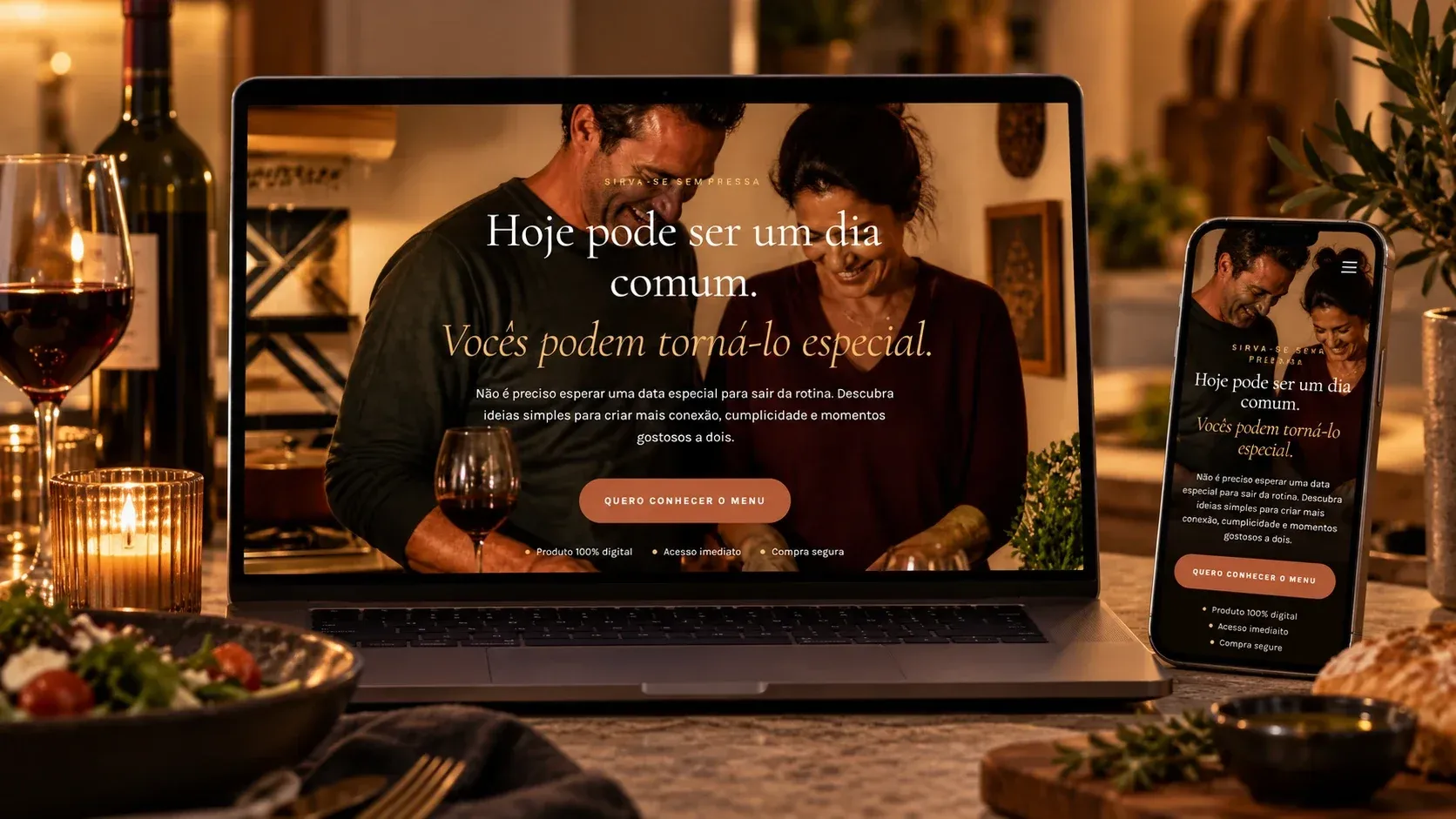 Landing page do Menu da Sedução, com casal cozinhando à luz de velas, no notebook e no celular