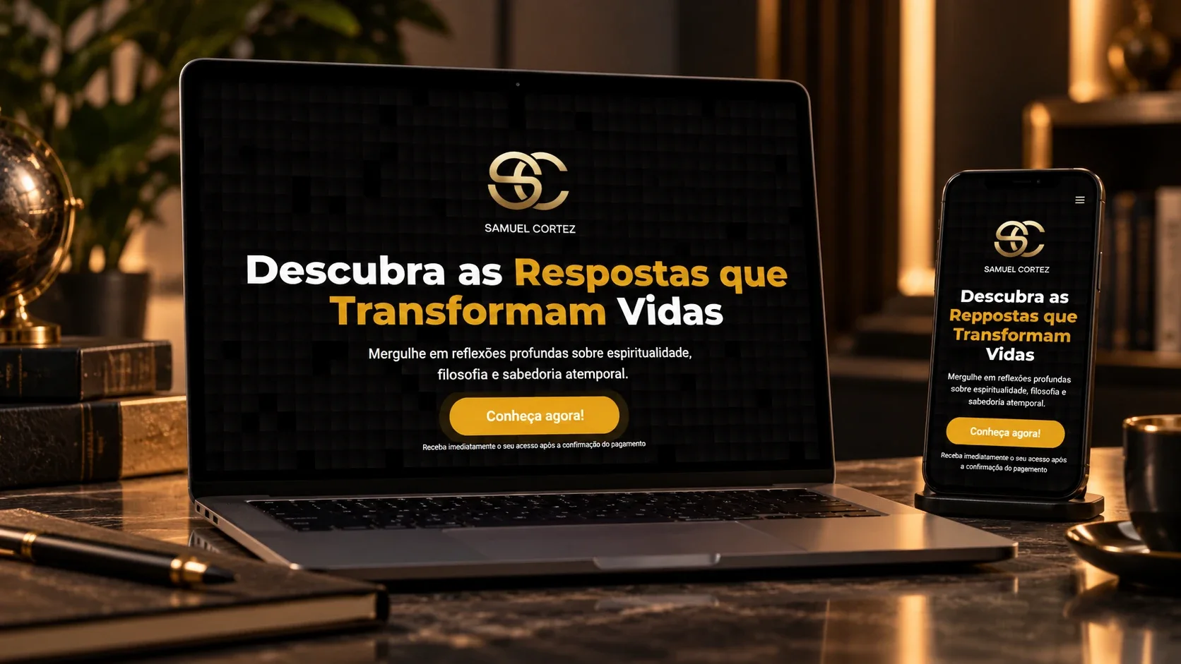 Landing page de Samuel Cortez em preto e dourado para conteúdo de espiritualidade e filosofia, no notebook e no celular